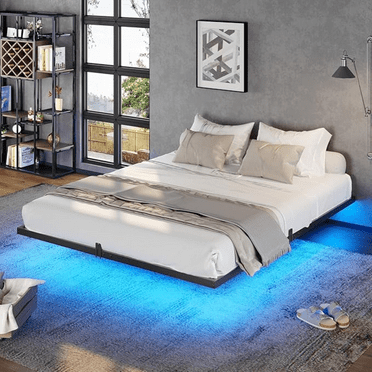 Floating Bed Frame Queen Size with LED Lights, Metal Platform Queen Bed with Heavy Duty Steel Slats and 4 Mattress Slide Stopper, Black