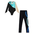thumbnail image 4 of iEFiEL Kids Girls Gymnastics Dance Outfit Long Sleeve Metallic Contrast Leotard with Striped Pants Ice Skating Outfit Turquoise 6, 4 of 5
