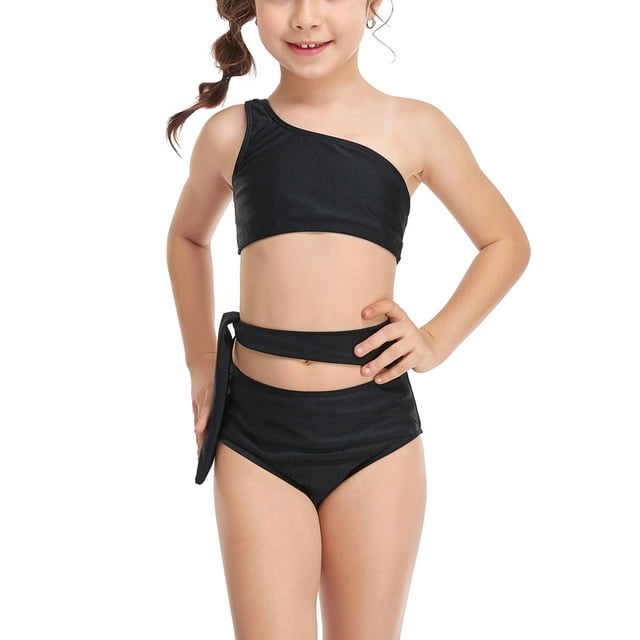 Faithtur Mother and Daughter Swimsuit Family Matching Summer One-shoulder Waist Lacing Bikini Set