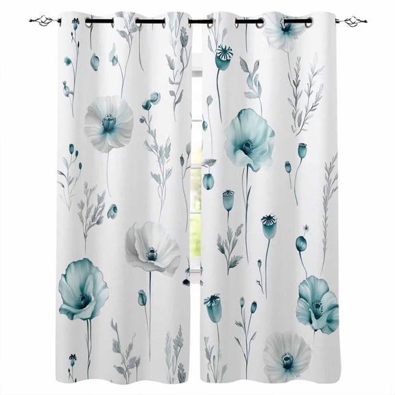 Turquoise Flowers Blackout Curtains 84 Inches Long, Farmhouse Spring Botanical Floral Thermal Insulated Black Out Curtains, Darkening Window Curtain Drapes for Bedroom Living Room 52"x84" 2 Panels