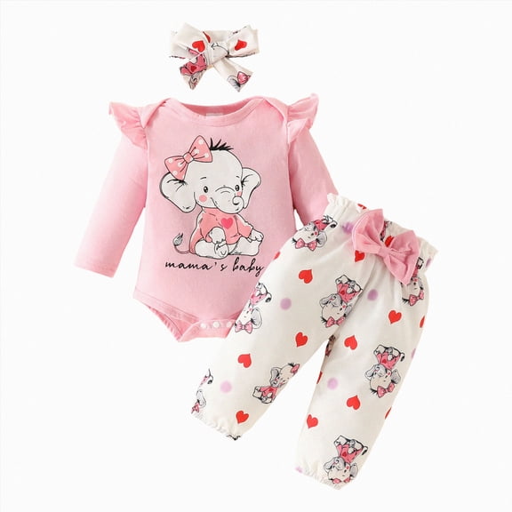 masbird Newborn Baby Girl Fall Winter Outfits Long Sleeve Flare Romper Pants Headband Set 3Pcs Clothes 0 3 6 9 12 18 24 Months,Pink,12-18 M