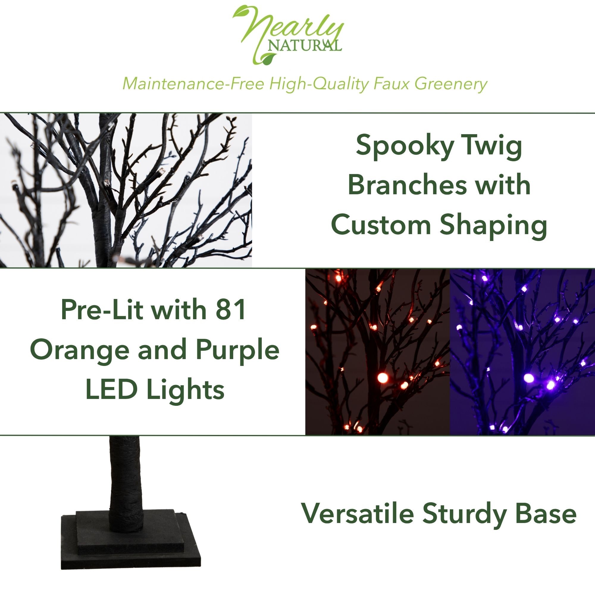 Nearly Natural 4ft. Pre-Lit Halloween Deluxe Black Twig Artificial Fall Tree with 81 Orange and Purple LED Lights