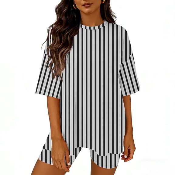 Mifsaly Workout Sets for Women Shorts Striped Short Sleeve Oversized T-Shirt Biker Running Gym Workout Matching Tracksuit Outfits S