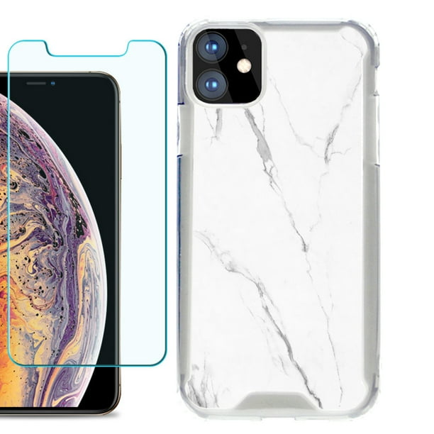 For Apple Iphone 11 Case Hybrid Bumper Phone Case With Tempered Glass Screen Protector By Onetoughshield Marble White Walmart Com Walmart Com