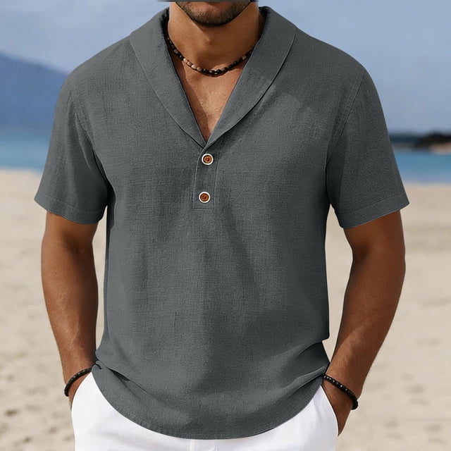 Ceisia Men's Solid Color Cotton Linen Casual Shirt Loose Shawl Collar Short Sleeve Top for Summer Gray XXL Gifts