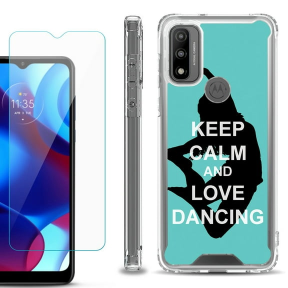Shockproof Bumper Phone Case for Motorola Moto G Pure, with Tempered Glass Screen Protector, by OneToughShield ® - Keep Calm / Dancing