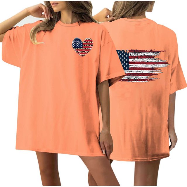 Camiseta de Cuello Redondo Impresa Delantera Y Trasera Del Día de la Independencia de las Mujeres, Tops Cortos Casuales para las Mujeres