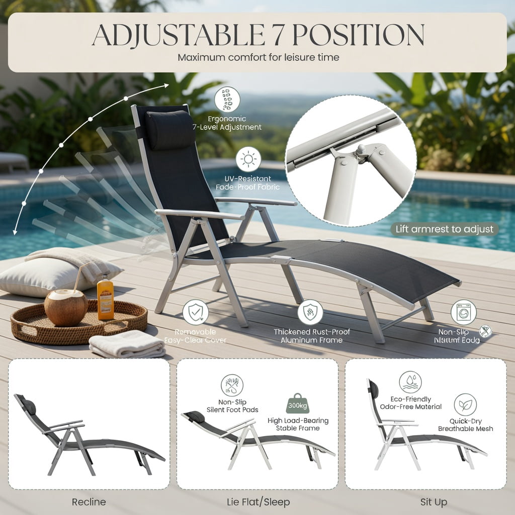 Hommoo Adjustable Folding Chaise Lounge Chair for Outdoor Use, Lightweight Steel Frame, Removable Pillow & Cushion, 7-Position Ergonomic Backrest, Black