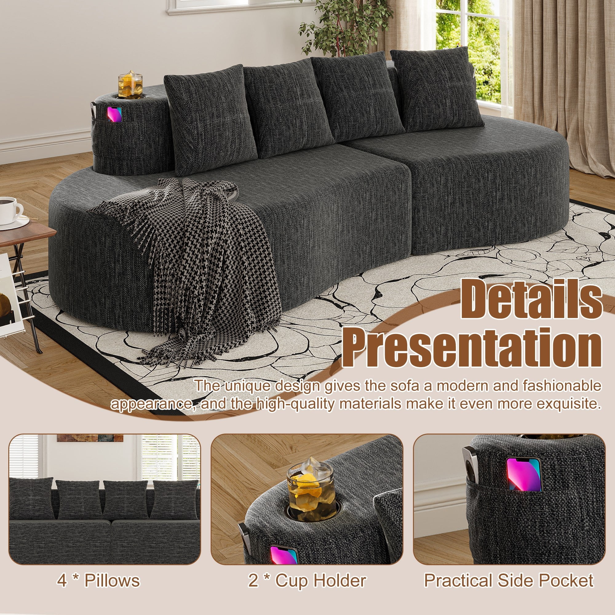 Sailvan Modern Curved Sectional 3 Seat Sofa,Minimalist Half Moon Modular Couch for Living Room,Office and Apartment,Soft Chenille Fabric Dark Gray