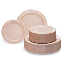 " OCCASIONS " 120 Plates Pack,(60 Guests) Vintage Wedding Party Disposable Plastic Plates Set -60x10.25'' Dinner 60x7.5'' Salad/Dessert Plate (Portofino Blush / Antique Rose)