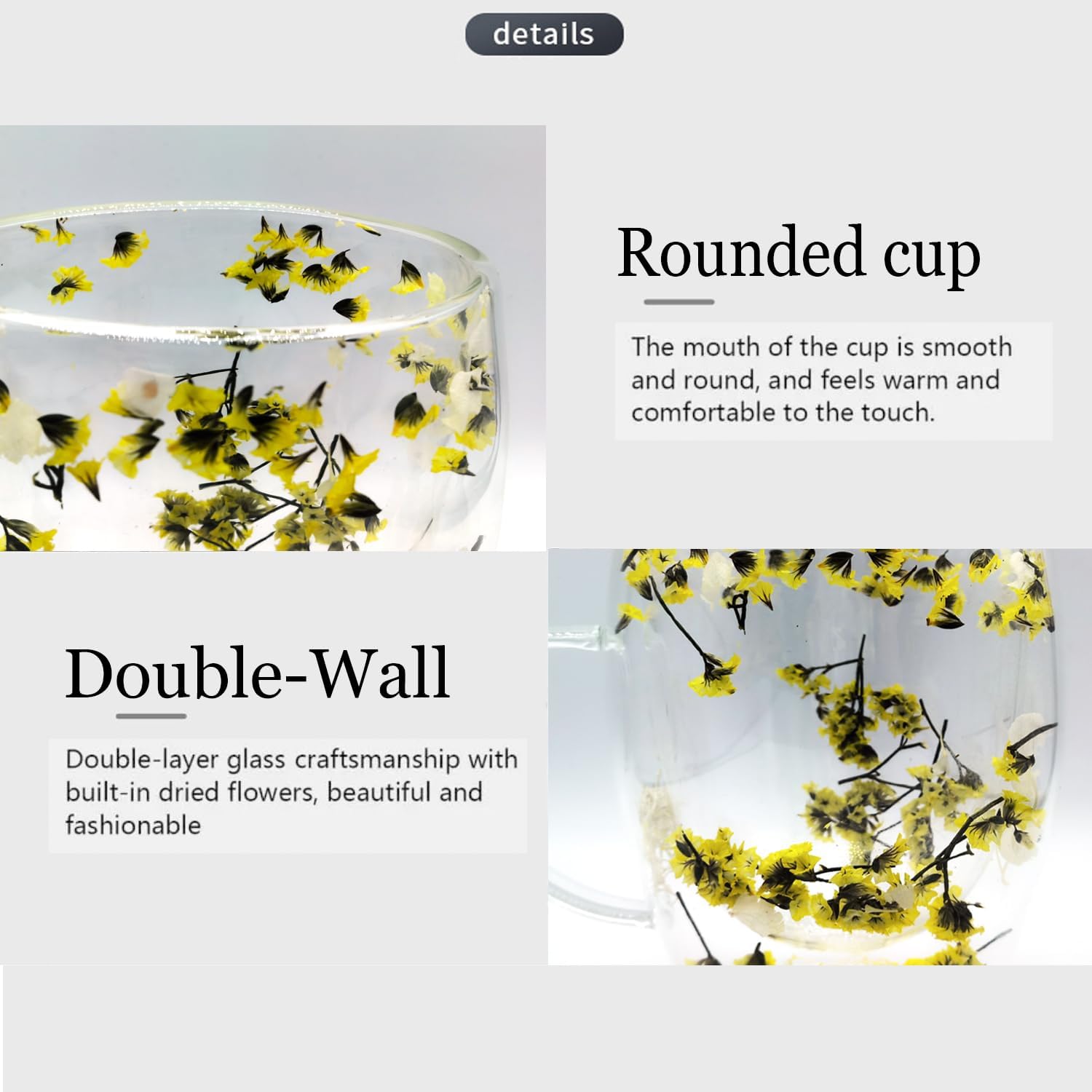 Double Walled Glass Coffee Mugs 12oz 2pcs Espresso Cups,Clear Coffee Mug Cappuccino Cup With Handle Unique Flower Filler Glass Coffee Cups For Tea Milk Latte Hot Cold Beverage Wine Espresso