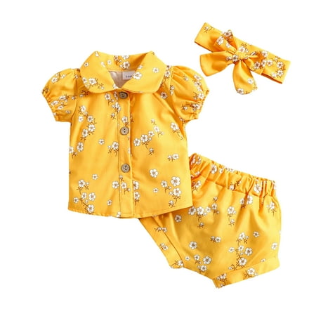 

Luckinbaby Newborn Outfits Printed Short Sleeve Tops + Shorts + Headband Set