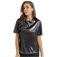 thumbnail image 3 of CHICTRY Womens Shiny T Shirt Casual Short Sleeve Pullover Tops Dark Grey S, 3 of 7