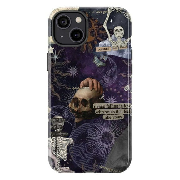 Mystical Soulmates Skeleton Collage iPhone Case, Gothic Moon & Skull Art, Durable Protective Halloween Cover for iPhone 16 15 14 13 12 11 Mini Pro Max
