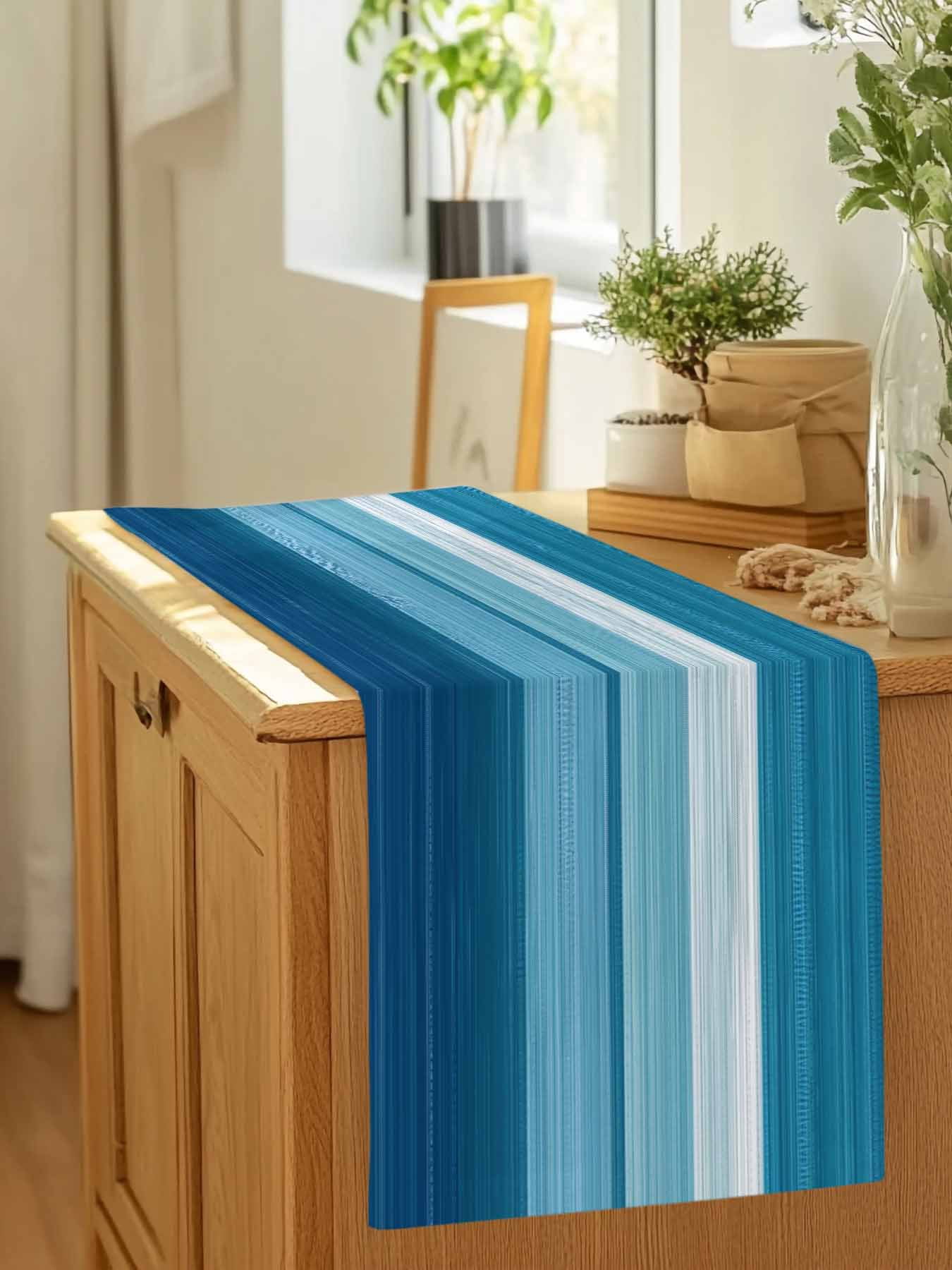 Blue White Gradient Ocean Wave Table Runner 90 Inches Long, Abstract Geometric Line Table Runners Tabletop Scarf Kitchen Dining Tables Decoration for Home Party Indoor Outdoor