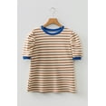 thumbnail image 2 of Women's Brown Stripe Short Puff Sleeve Tee – Casual Summer Top with Contrast Trim | XL, 2 of 9