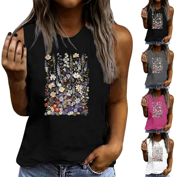 Pxxlle Cotton Tank Tops for Women Casual Summer Sleeveless Going Out Tops Fashion Floral Graphic Tanks Loose Fit Round Neck Beach Vacation Clothes Gray M