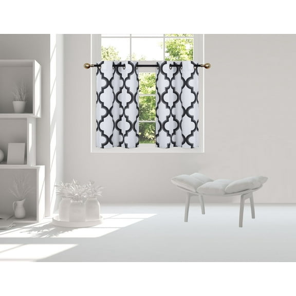 1 Set Small Window Curtain  Printed Flowers Mosaic 2-Tone Panels Faux Silk Blackout Panels with Grommets 30 x 36 x 2 (Black) 7LO