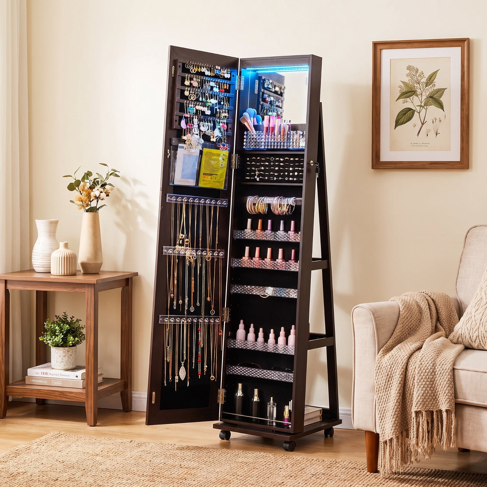 Furnibear 64 Inch Lockable Jewelry Armoire with Full Length Mirror and Makeup Mirror Purple