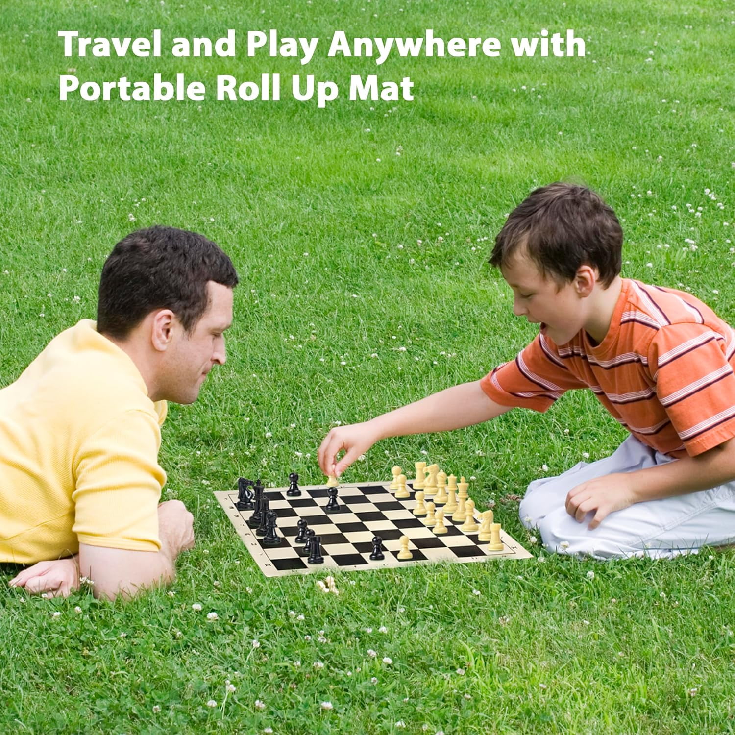 Sterling Games Chess Mat and Chess Pieces Set 20" x 20" Roll Up Vinyl Travel Chess Set, Black