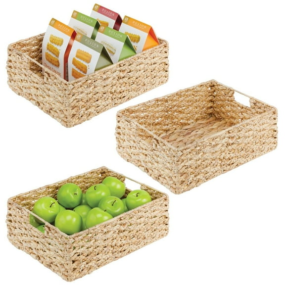mDesign Hyacinth Braided Woven Pantry Bin Basket, Handles, 3 Pack, Natural/Tan