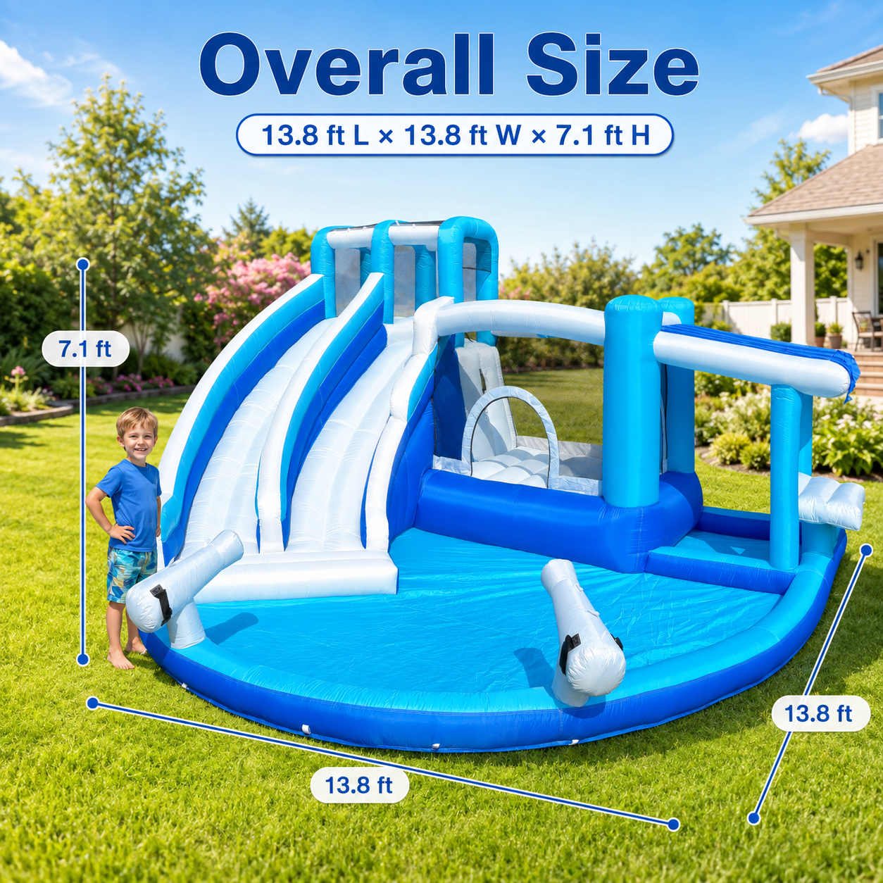 13.8 FT Inflatable Bounce House with Dual Water Slides, Splash Pool, Ball Pit and Blower Included, Blue