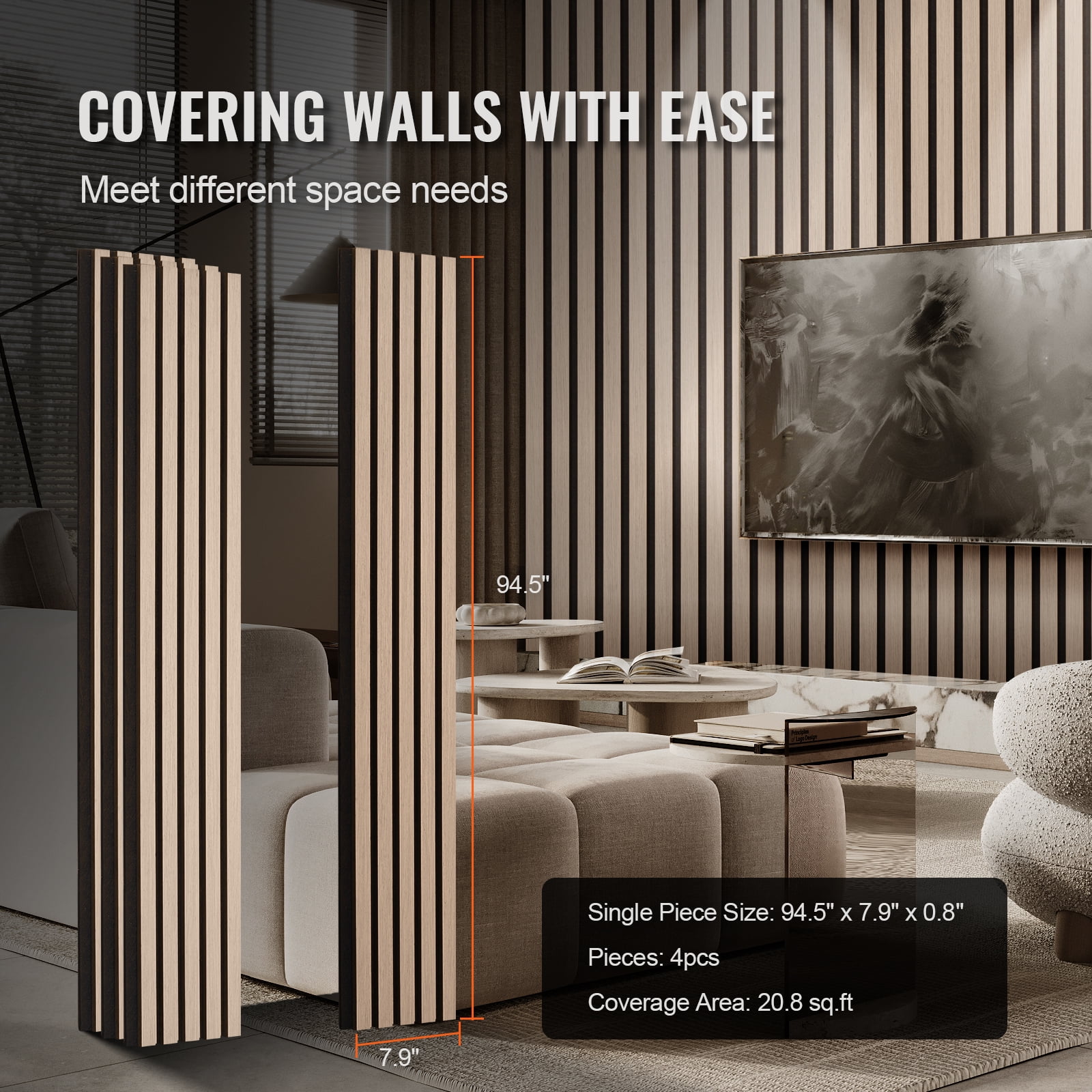 VEVOR Wood Slat Acoustic Panels, 7.9 x 94.5 inch, MDF Accent Wooden Wall Panels for Modern Interior Wall Decor, Faux Wood Wall Board Panels for Noise Reduction, Silver Wood