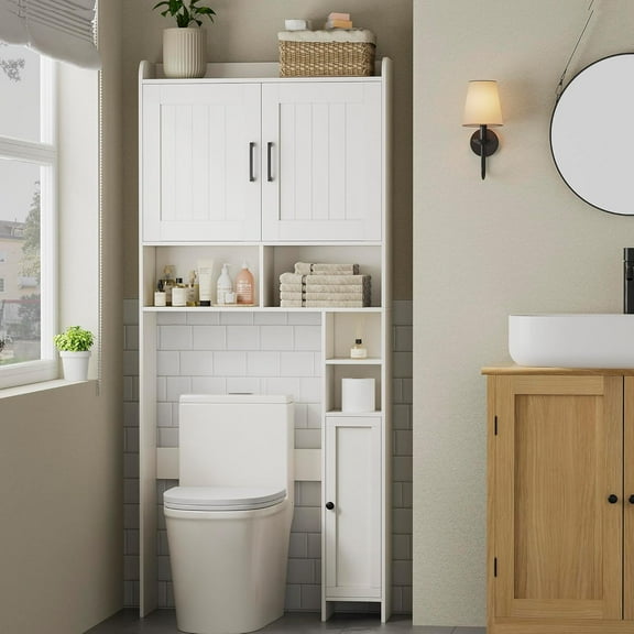 Over The Toilet Storage Cabinet with 2 Modern Door and Toilet Paper Holder Stand, FreeStanding Toilet Shelf Space Saver, for Bathroom, Restroom, Laundry, White