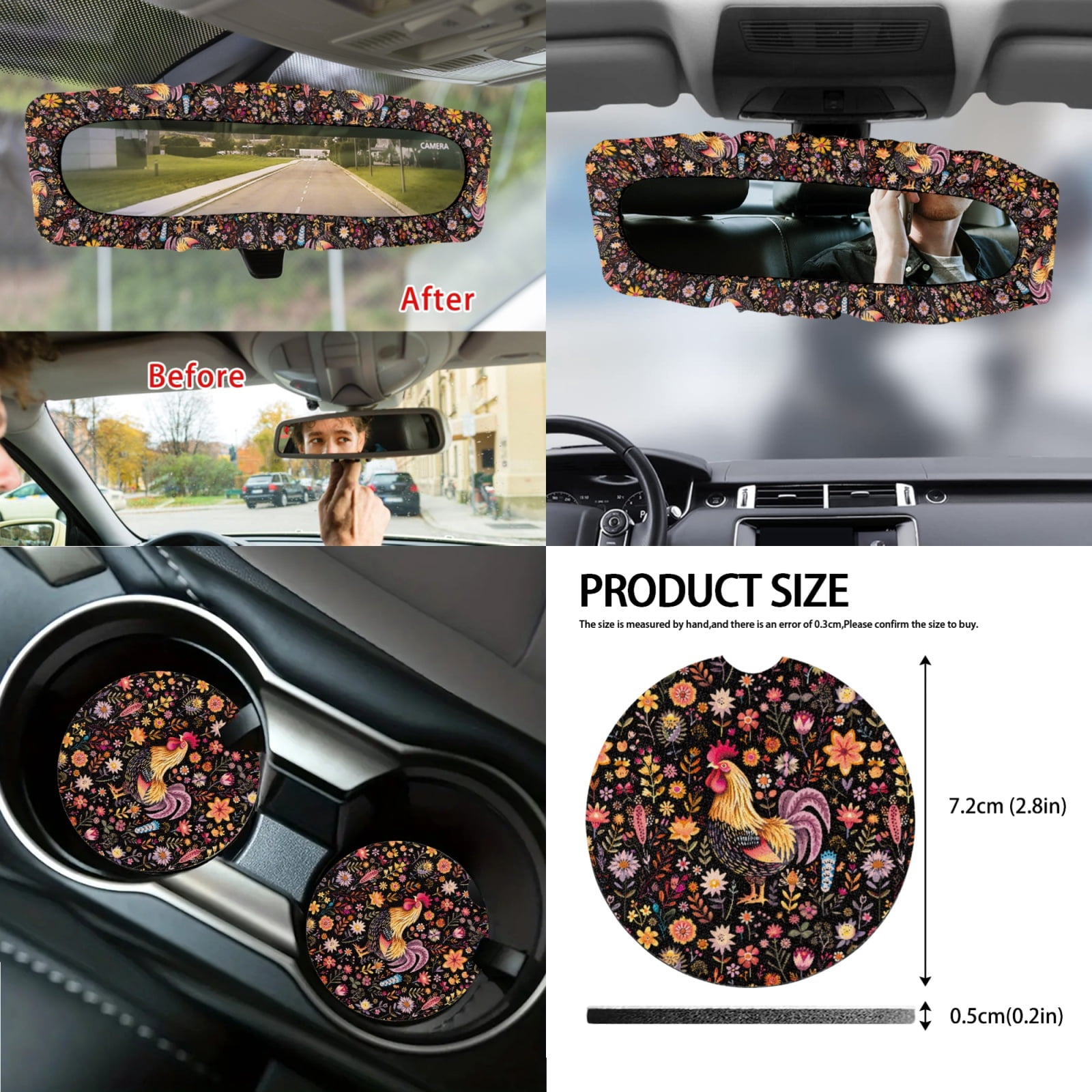 Yuyamidu 14 PCS Chicken Car Seat Cover Full Set with Steering Wheel Cover Floral Seat Belt Cover Cross Trash Can Rear View Mirror Cover Coaster Center Console Cover Gear Shift Knob Cover Set