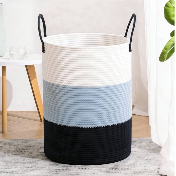 Armastuse Woven Laundry Hamper, Tall Cotton Rope Storage Basket for Dirty Clothes, Blankets And Toys - Decorative 60L Large Capacity for Bathroom, Bedroom And Living Room (White And Blue)