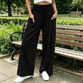thumbnail image 4 of CQONEPT Smocked Waist Pants for Women Wide Leg Fall Casual Lounge Pant High Waisted Palazzo Ruffle Full Length Soft Trousers with Pocket Black 2XL, 4 of 7
