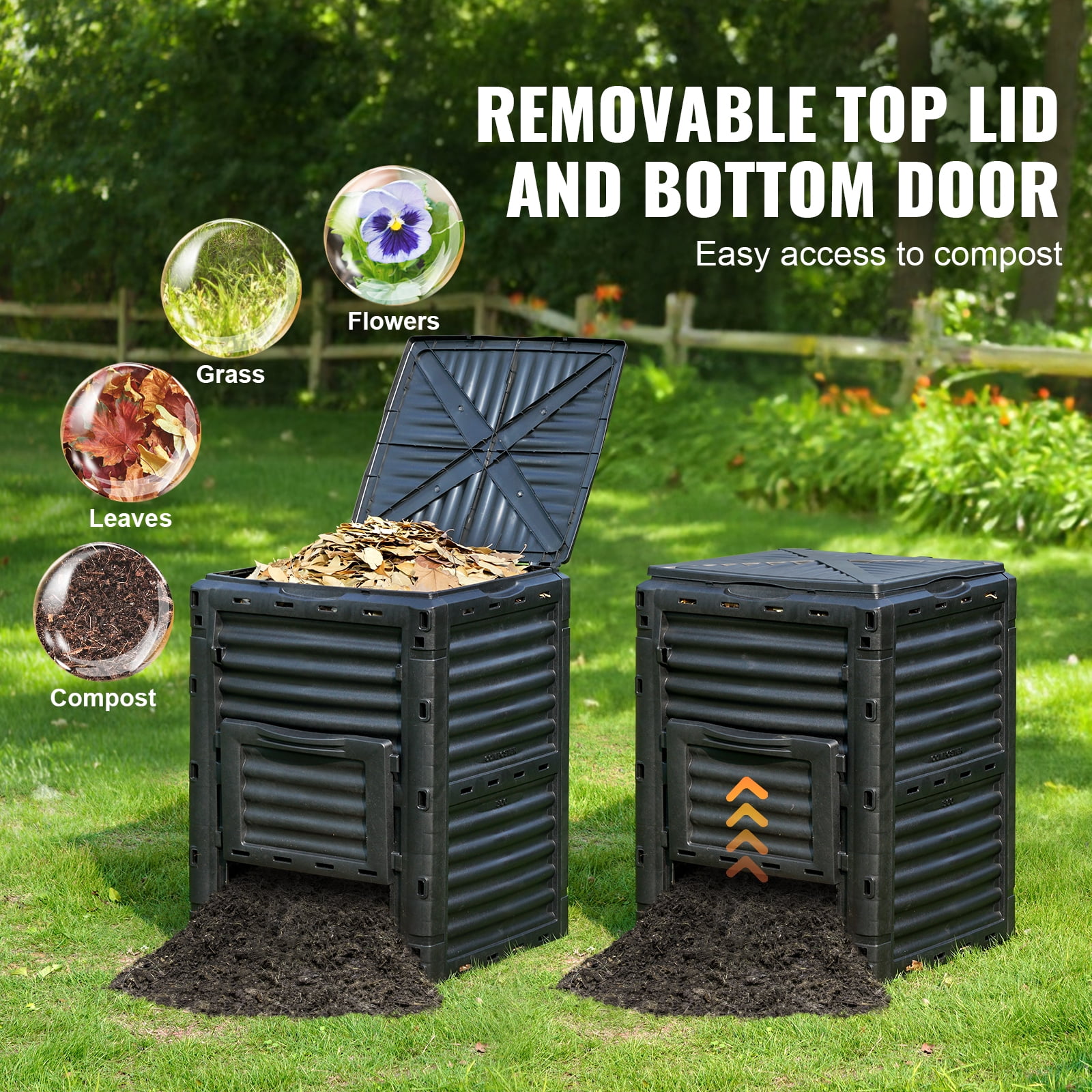 KFFKFF Outdoor Compost Container 80 Gal, Composter Free from BPA, Spacious Garden Composting Bin with Upper Cover and Lower Gate, Simple Assembly, Lightweight, Rapid Soil Fertility Enhancement
