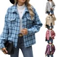 thumbnail image 2 of JUUNthy Women's Plaid Shacket, Long Sleeve Lapel Collar Button Down Fall Winter Fashion Jacket Outerwear White M, 2 of 13