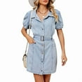 thumbnail image 2 of Women Casual Denim Dress Short Sleeve Tie Waist Classic Jean Shirt Dress Light Blue S, 2 of 9