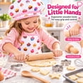 thumbnail image 6 of Rirool Kids Baking Set, 11-Piece White Cupcake Print Junior Chef Costume and Pretend Play Kit with Apron, Hat, Oven Mitt, Pot Holder, Whisk, Wooden Utensils and 4 Cookie Cutters, Ages 3-6, 6 of 8