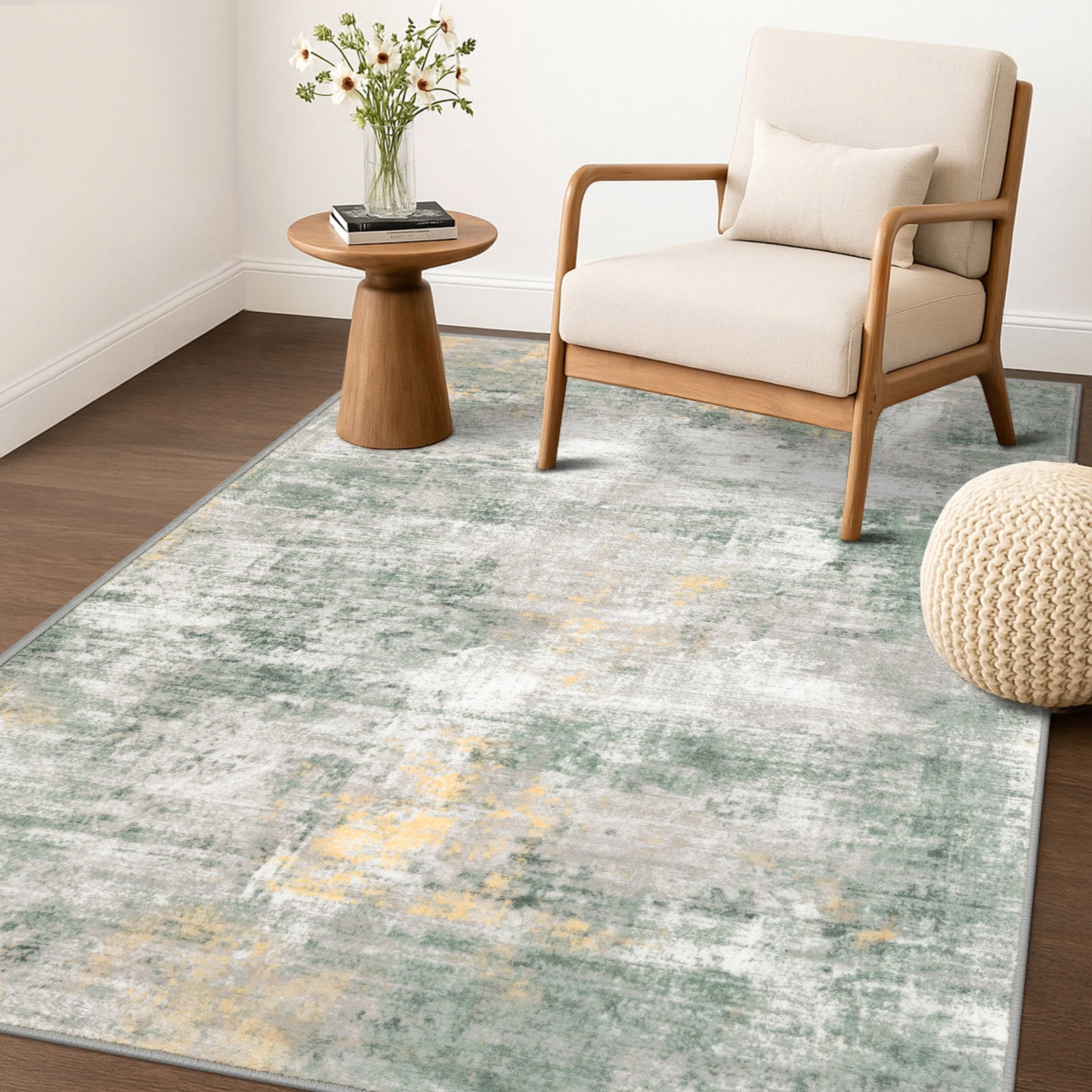 iOhouze Washable Rugs 3x5 ft Entryway Rugs Abstract Non Slip Area Rug Printed Faux Wool Soft Kitchen Rugs Indoor Rugs for Entrance Foyer Living Room Bedroom, Light Green/Gray/Orange