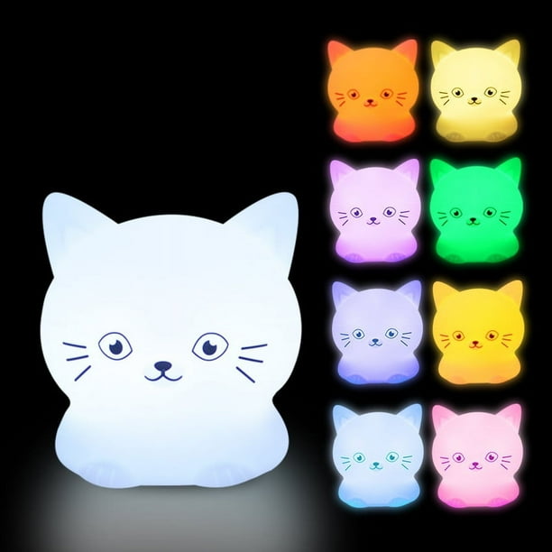 Luz nocturna para niños, luz LED recargable para bebés con silicona suave, diseño de animalito y RGB multicolor, compatible con control remoto y táctil, regulable (gato)