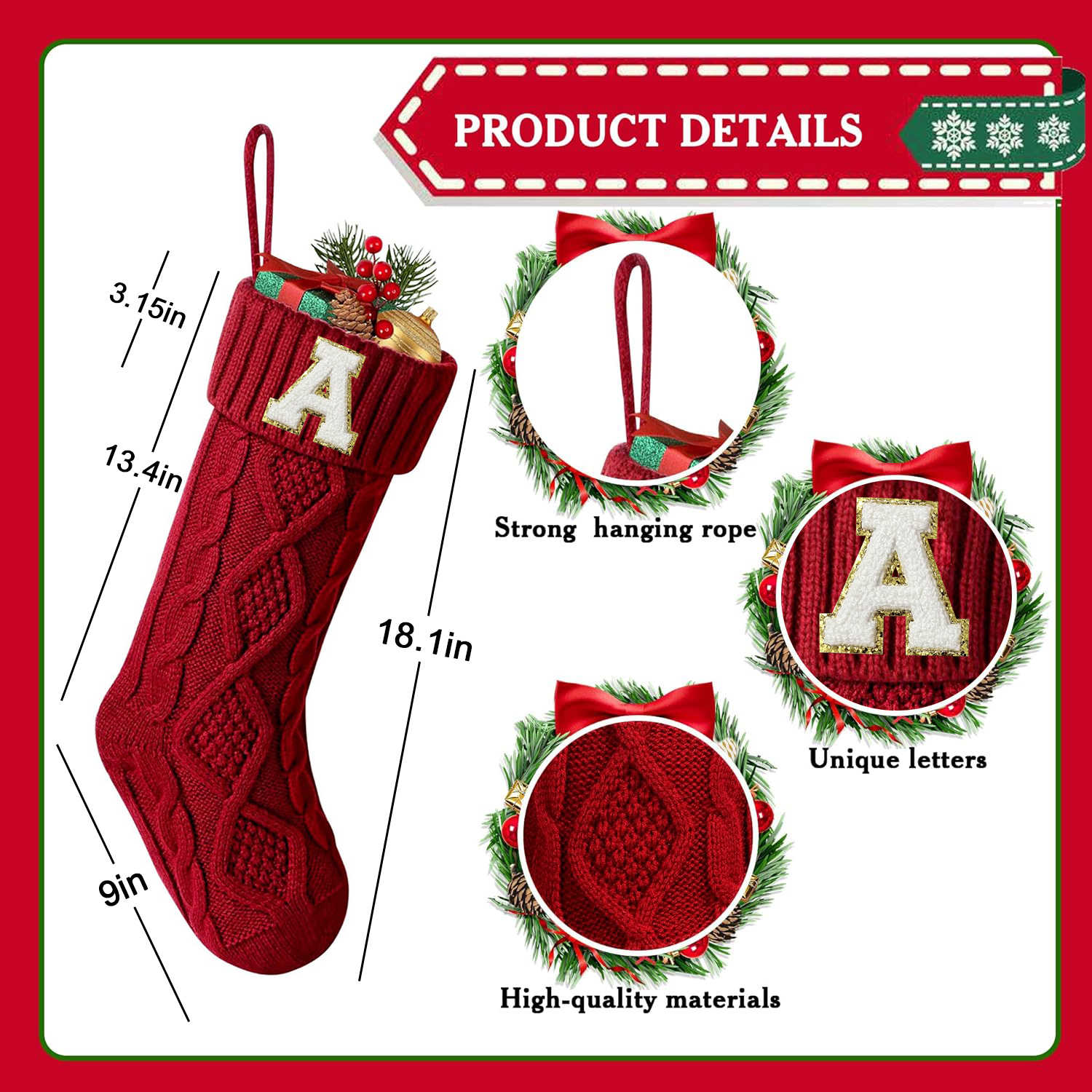 Tetou Personalized Christmas Stocking with Initial 18 Inch photo 5
