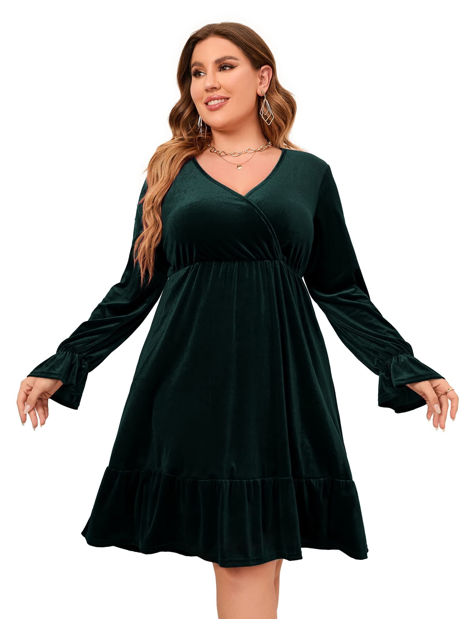 Kitsin Women's Plus Size Velvet Dress Wrap V Neck Swing Dress Long