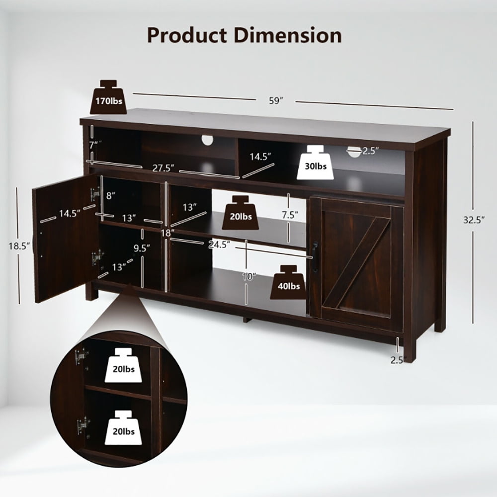 Finihen TV Stand, TV Cabinet, 59 Inch TV Stand Media Center Console Cabinet with Barn Door for TV's 65 Inch, Media Entertainment Center with Storage, for Living Room, Bedroom, Brown