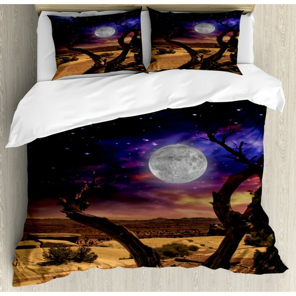 Moon Queen Size Duvet Cover Set, Desert Night Full Moon with Nebula and Rainbow in Starry Sky Art, Decorative 3 Piece Bedding Set with 2 Pillow Shams, Purple Indigo and Caramel Brown, by Ambesonne