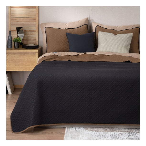 Edredón Ligero Real Textil + 2 Fundas de Almohada, Juego de Colcha Queen Size, Color Negro/Ocre