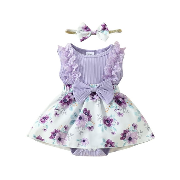 Elippeo Baby Girls Summer Romper Dress 3 6 9 12 18 Months Infant Sleeveless Floral Print Patchwork Romper with Headband