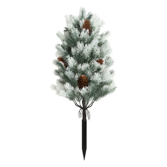 21.6 Inch Artificial Cedar Christmas Tree with Ground Spike, Outdoor Faux Pine Tree with Flocked Snow Pine Cones, Christmas Urn Filler for Front Porch Yard Garden Decor