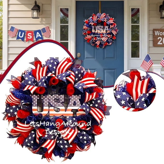 250th Anniversary Patriotic Wreath, 4th of July Wreaths for Front Door Red White Blue Ribbon for Independence Day Memorial Day Patriotic Decorations