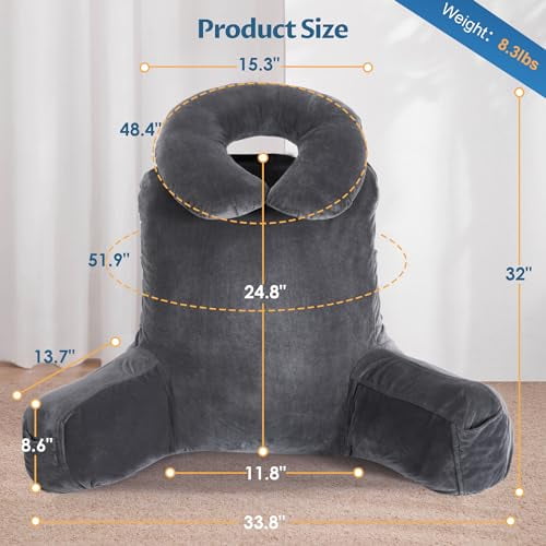 31" Ergonomic Bed Rest Pillow, Grey Large Reading Pillow with Detachable Neck Roll Soft PP Cotton Backrest with Arms Pockets for Bed Couch Reading Watching TV