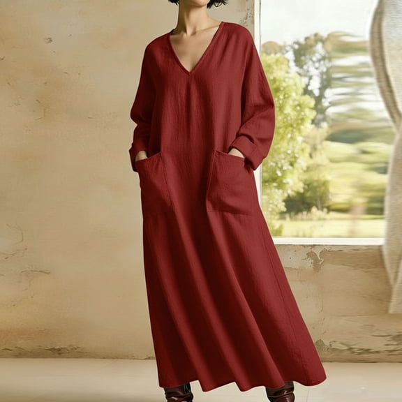 Women's Oversized Maxi Dress V Neck Long Sleeve Tunic Dress with Large Pockets Casual Flowy Kaftan Gown Loose Fit Comfortable Daily Home Wear Vacation Breathable
