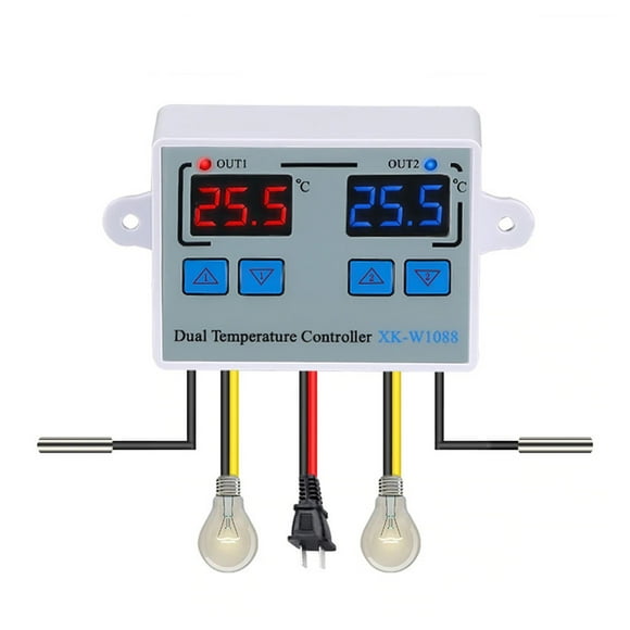 Amdohai Dual Digital Thermostat Temperature Controller Two Relay Output Thermoregulator for incubator Heating Cooling XK-W1088 DC12V