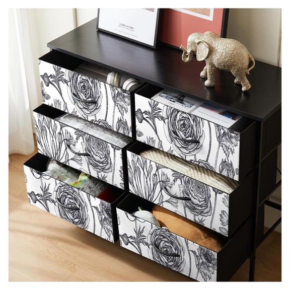 6 Drawer Dresser - Hand Painted Floral Chest of Drawers - Bedroom Storage Organizer - 34.5" W - Cottagecore Furniture - White Finish