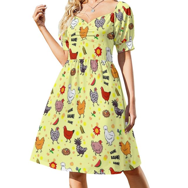 Vestido de manga corta con estampado de pollos sin costuras, ideal para el baile de graduación, verano 2025